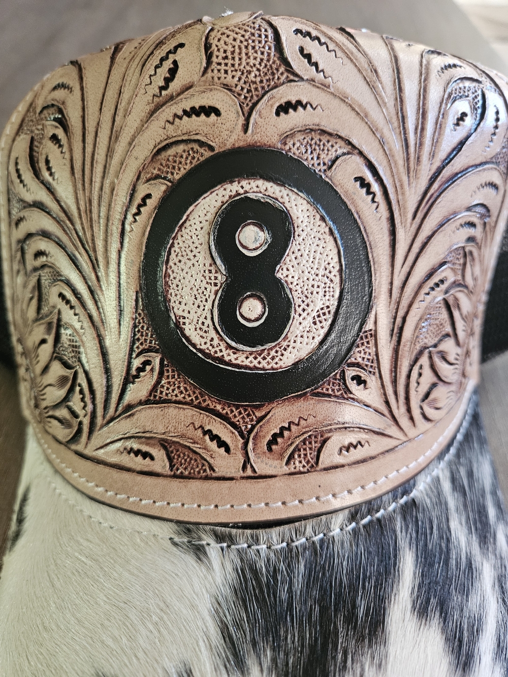 Western Tooled Leather & Cowhide Cap with  8-Ball Accent - Tan and White-NWOT - Picture 4 of 4